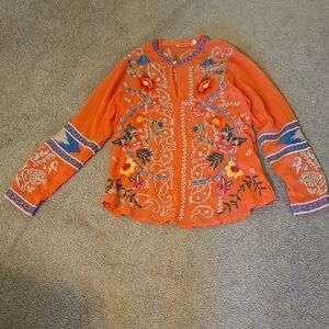 Johnny Was Orange Embroidered Top